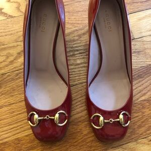 Gucci Red Heels with Gold Horsebit Detail